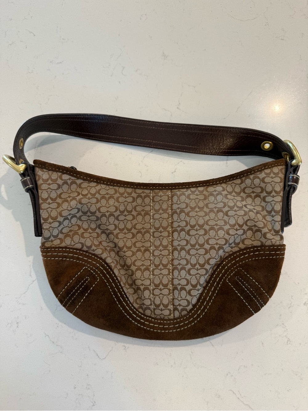 Vintage Y2K Coach Signature Monogram Suede Shoulder Bag Brown